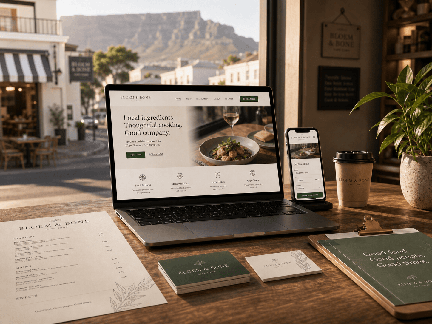 A South African café workspace with a laptop showing a restaurant website